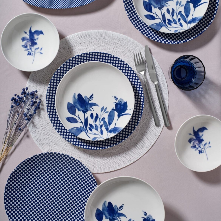 Service de table 14 pièces en porcelaine, blanc/bleu