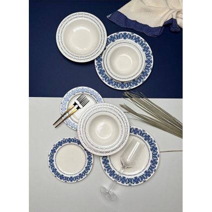 Service de table 16 pièces en porcelaine, bleu et blanc