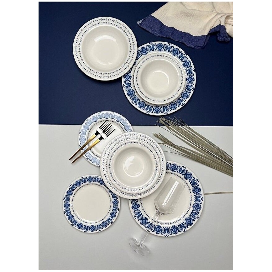 Service de table 16 pièces en porcelaine, bleu et blanc