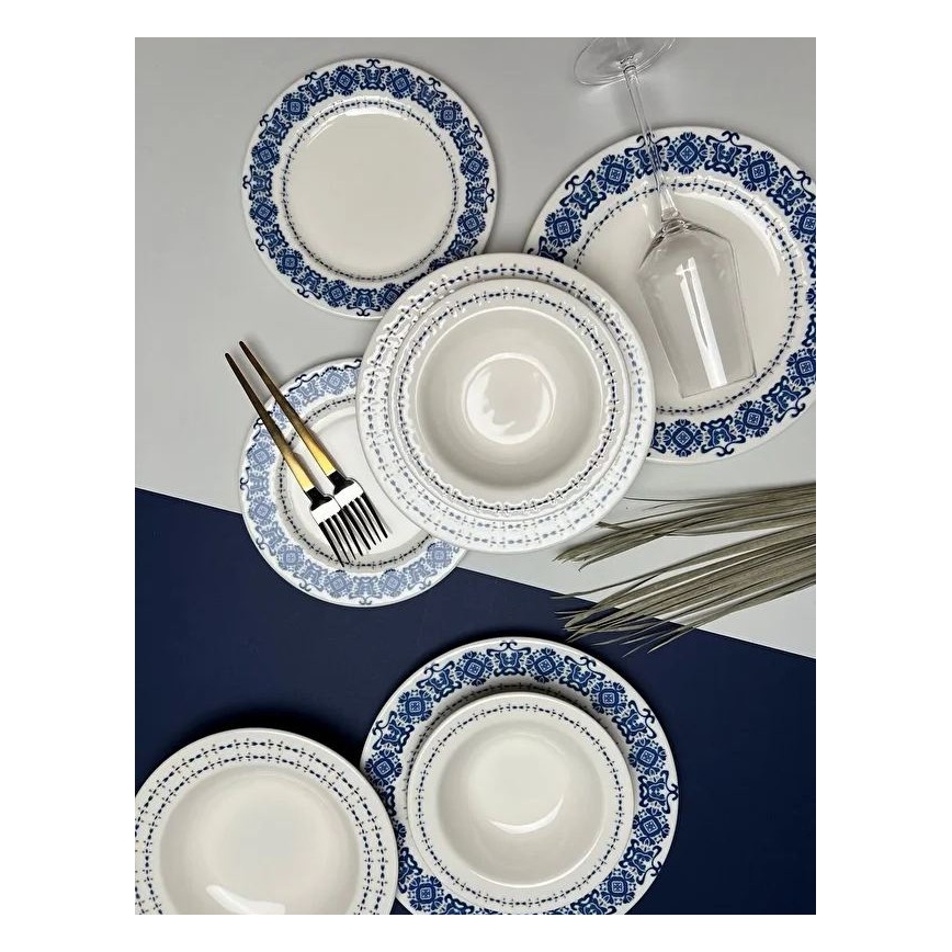 Service de table 16 pièces en porcelaine, bleu et blanc