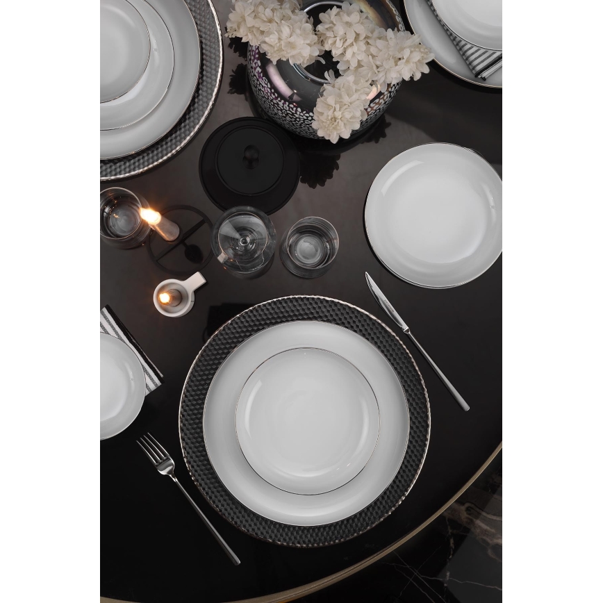 Service de table 18 pièces, blanc/argenté, en porcelaine