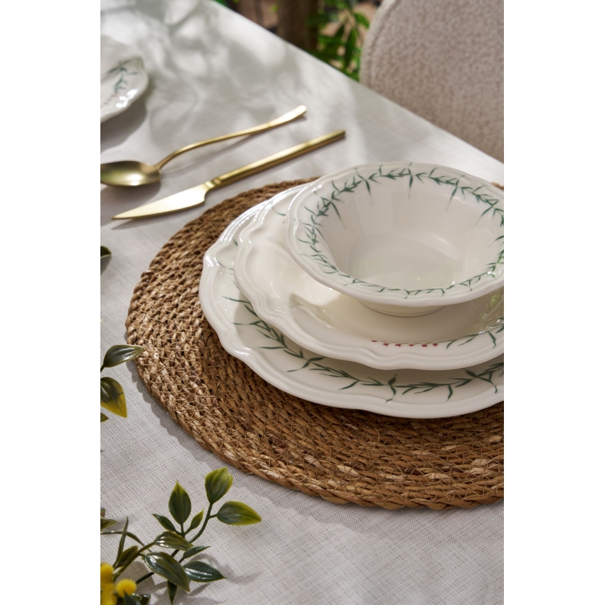 Service de table 24 pièces, blanc/vert, en porcelaine