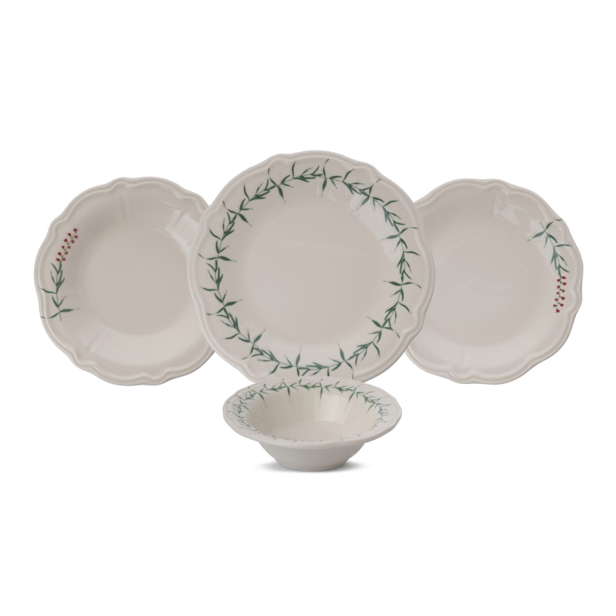 Service de table 24 pièces, blanc/vert, en porcelaine