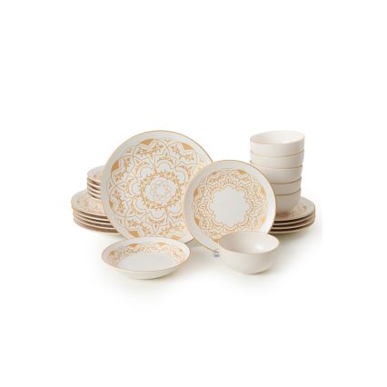 Service de table 24 pièces en céramique, blanc et doré