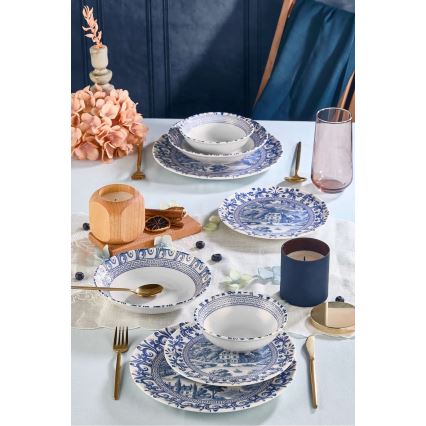 Service de table 24 pièces en porcelaine, blanc/bleu