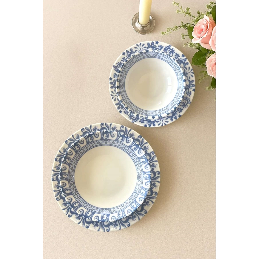 Service de table 24 pièces en porcelaine, blanc/bleu