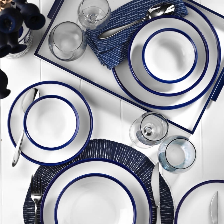 Service de table 24 pièces en porcelaine, blanc et bleu