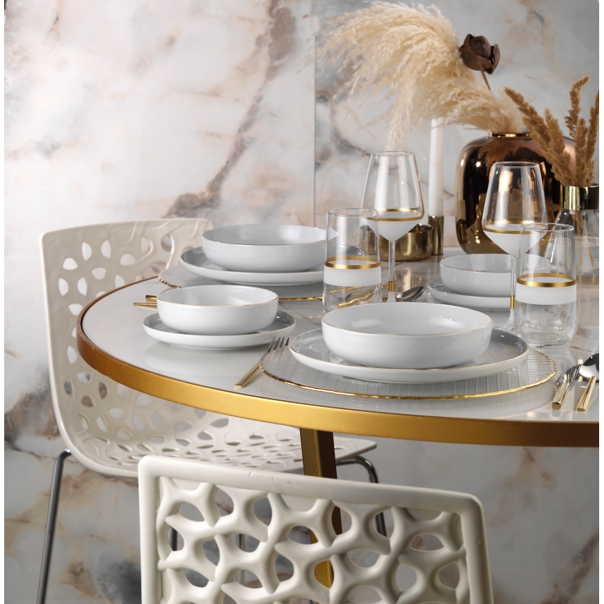 Service de table 24 pièces en porcelaine, blanc et doré