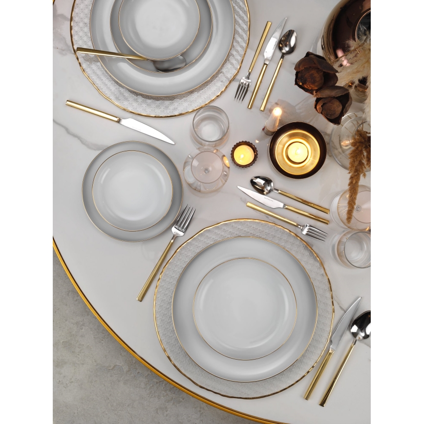 Service de table 24 pièces en porcelaine, blanc et doré