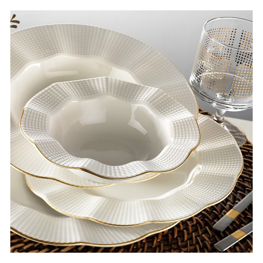 Service de table 24 pièces en porcelaine, blanc et doré
