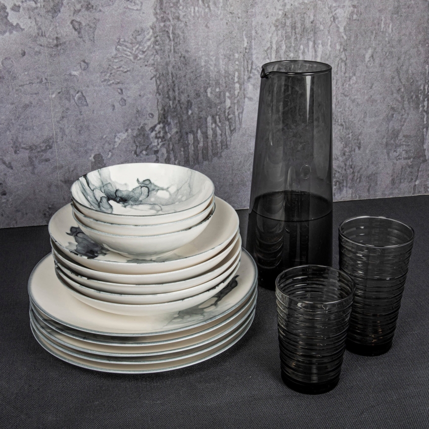 Service de table 24 pièces, en porcelaine, blanc/noir