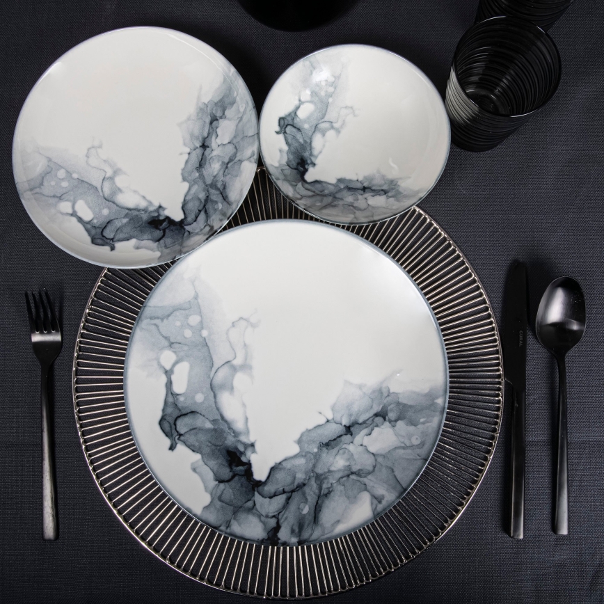 Service de table 24 pièces, en porcelaine, blanc/noir