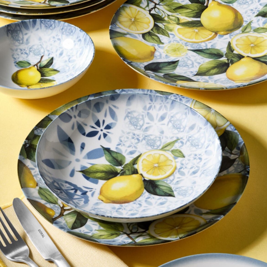 Service de table 24 pièces en porcelaine, bleu/jaune/vert