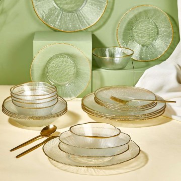 Service de table 24 pièces en verre transparent, finition dorée