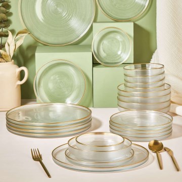 Service de table 24 pièces, verre transparent/doré