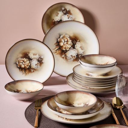 Service de table 26 pièces, beige/marron/blanc, en porcelaine