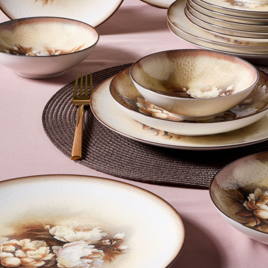 Service de table 26 pièces, beige/marron/blanc, en porcelaine