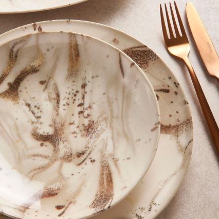 Service de table 26 pièces, beige/marron, en porcelaine