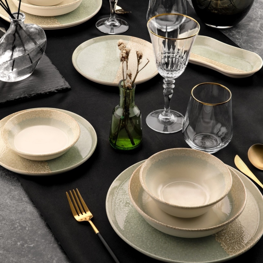 Service de table 27 pièces en porcelaine, beige et vert