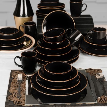 Service de table 30 pièces, noir et doré, en grès