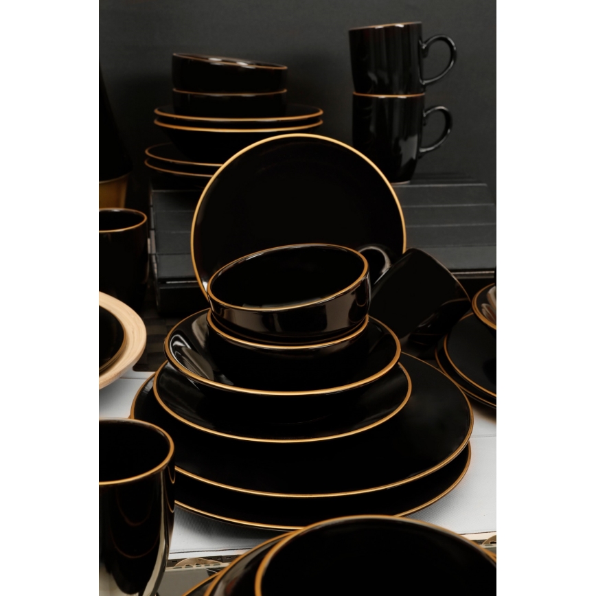Service de table 30 pièces, noir et doré, en grès