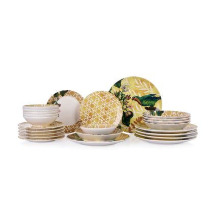 Service de vaisselle 24 pièces jaune/verte/blanche/céramique