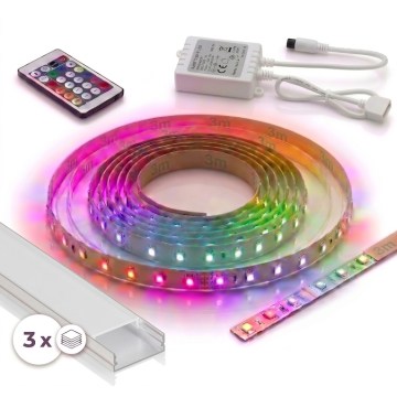 SET 1x dimmbarer LED-RGBW-Streifen DIGITAL LED/9,6W/230V 3 m + 3x Einbauprofil 1 m silber/weiß + Fernbedienung