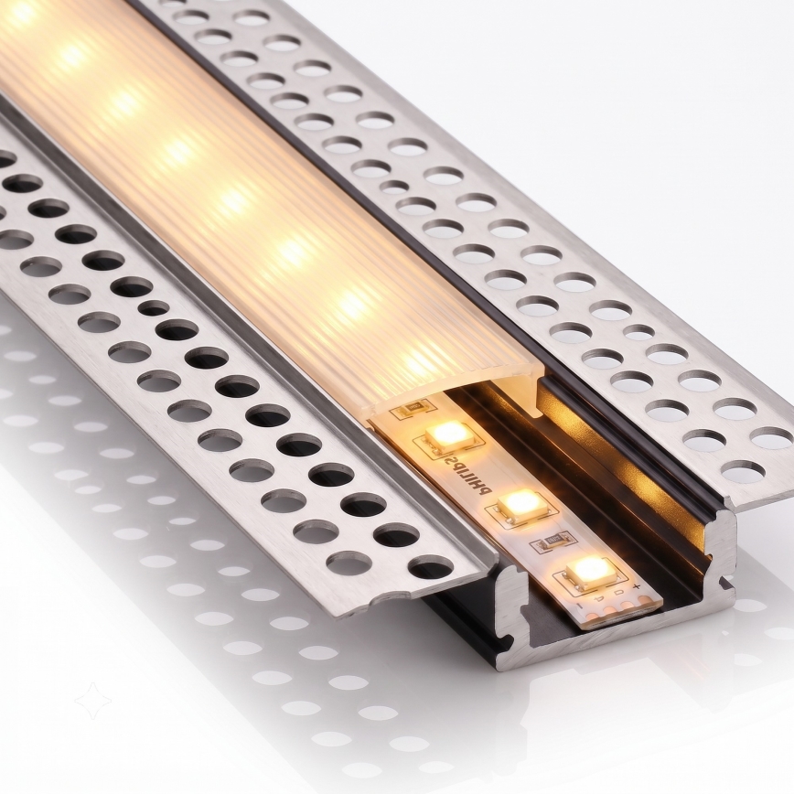 SET 1x flexibler LED-Streifen mit Bewegungsmelder FLEX LED/3,6W/4xAA 2 m + 2x Einbauprofil 1 m silber/weiß