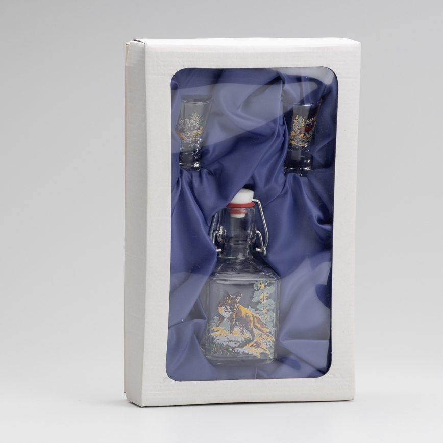Set 1x Glasflasche und 2x Shot-Gläser klar mit Fuchs-Motiv