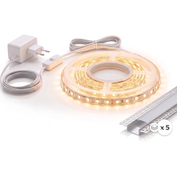 Set 1x LED-Streifen MYLIVING LIGHTSTRIP, LED 22 W / 230 V, 5 m + 5x Einbauprofil 1 m, silber/weiß