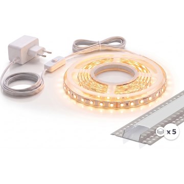 SET 1x LED-Streifen MYLIVING LIGHTSTRIP LED/22W/230V 5 m + 5x Einbauprofil 1 m silber/weiß