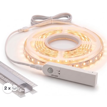 SET 1x striscia LED con sensore di movimento FLEX LED/3,6W/4xAA 2 m + 2 profili da incasso 1 m argento/bianco