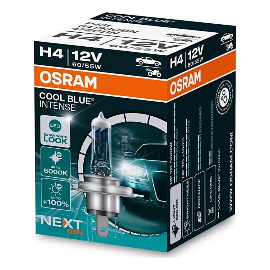 SET 2x Auto-Lampe COOL BLAU H4 P43t/60/55W/12V 5000K - Osram