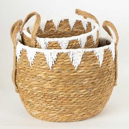 SET 2x Cestino di paglia beige/bianco 32x16,5x18/24x23,5x26 cm