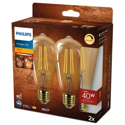 SET 2x Lampadina LED dimmerabile VINTAGE Philips ST64 E27/4,2W/230V 2200K