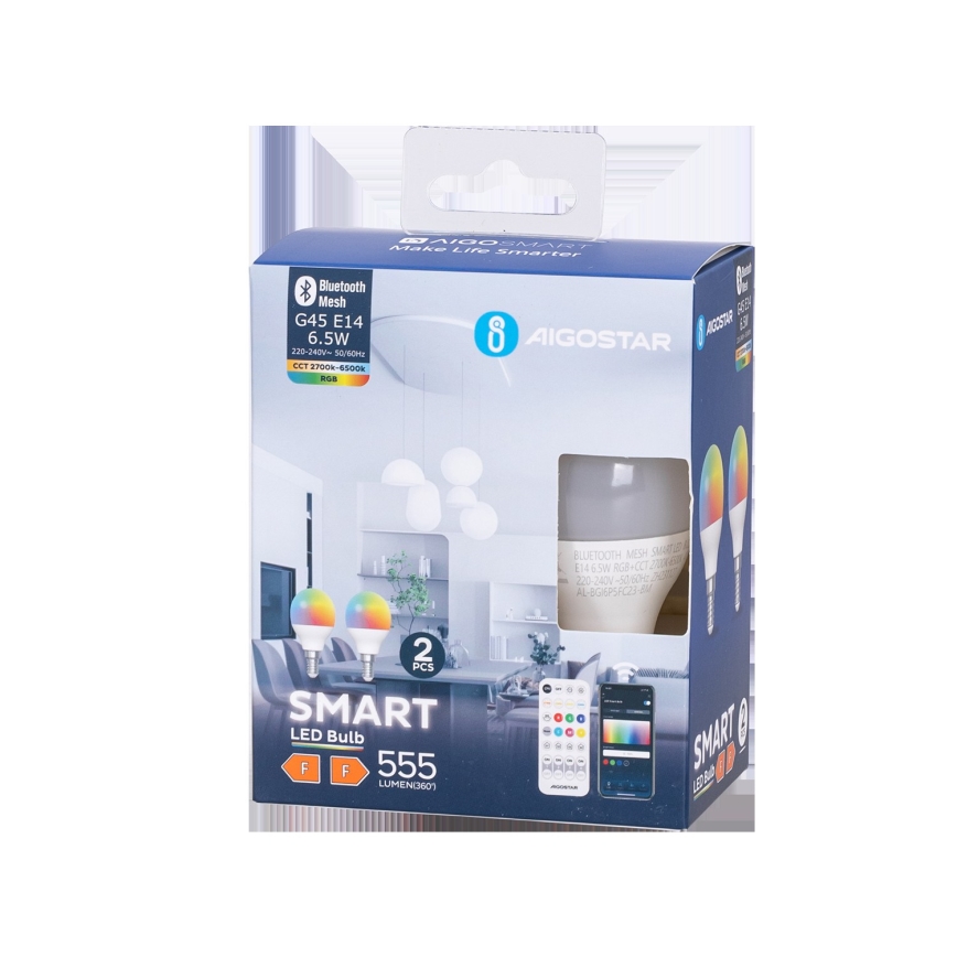 SET 2x Lampadina LED RGBW dimmerabile MESH Smart G45 E14/6,5W/230V 2700-6500K - Aigostar