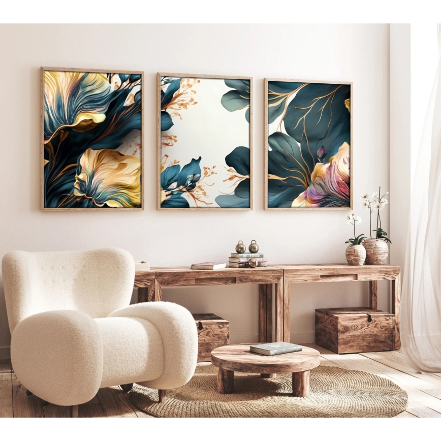SET 3x Bild im Fotorahmen 50x70 cm Pflanzen
