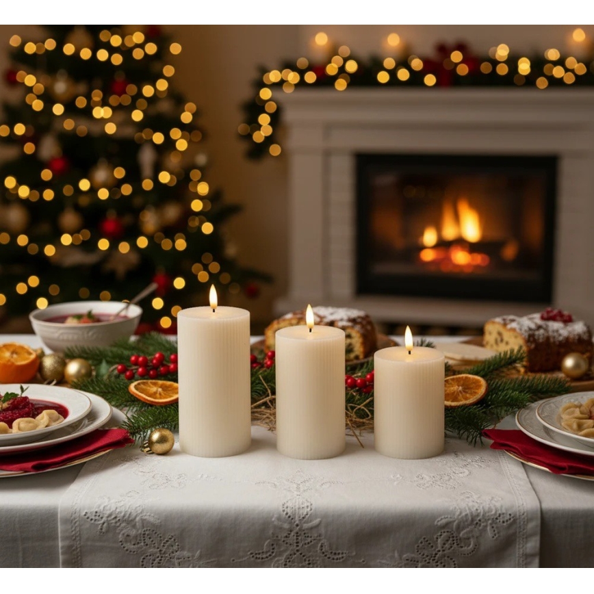Set 3x candele LED BRILLO, LED/3xAAA, colore crema + telecomando