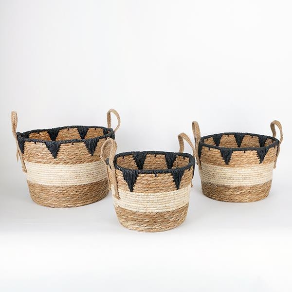 SET 3x Cestino di paglia beige/nero 27x20/30x22/36x28 cm