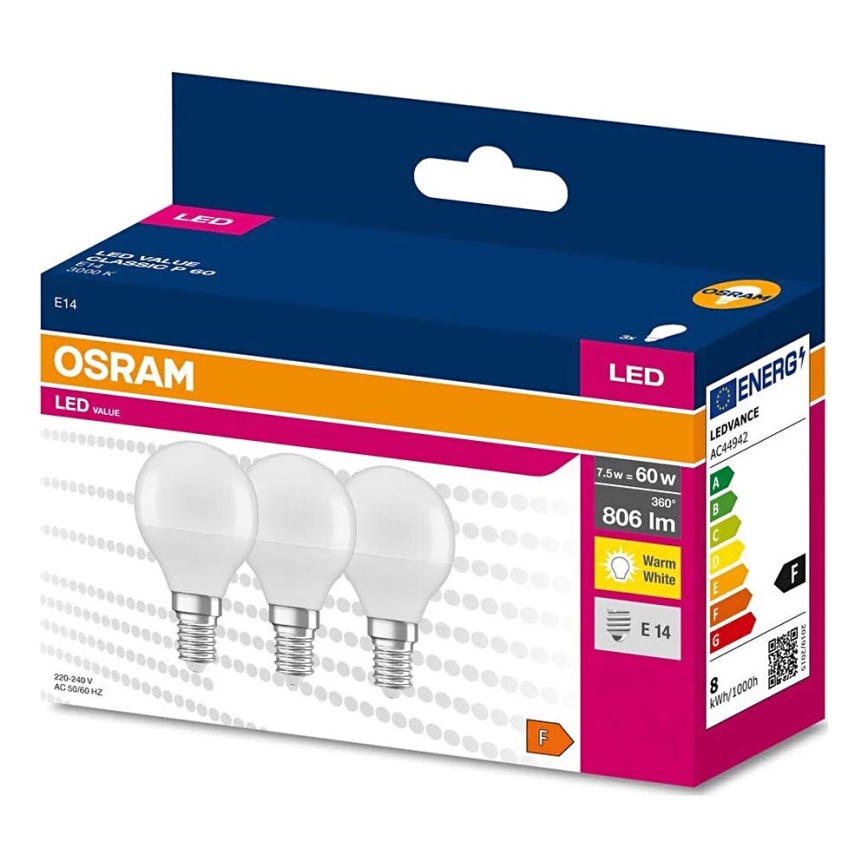 SET 3x Lampadina LED P45 E14/7,5W/230V 3000K - Osram