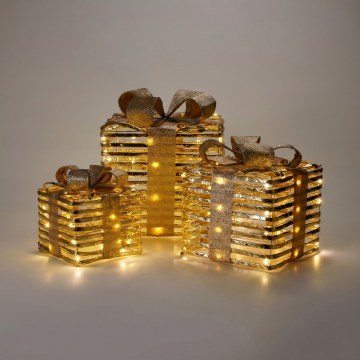Set 3x LED-Weihnachtsdekoration 20xLED/2xAA + 30xLED/3xAA + 40xLED/3xAA warmweiß Geschenke/gold