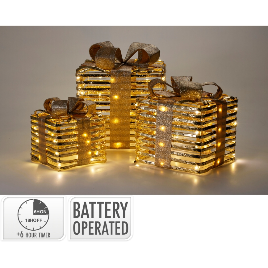 Set 3x LED-Weihnachtsdekoration 20xLED/2xAA + 30xLED/3xAA + 40xLED/3xAA warmweiß Geschenke/gold