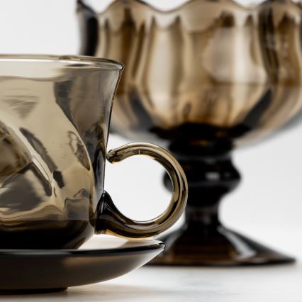 Set aus 6 Glastassen mit Untertassen und 1 Rauchglas-Zuckerdose