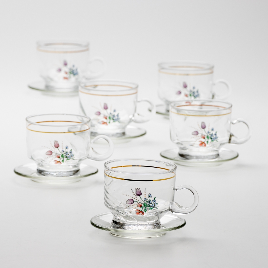 Set 6x Glastasse mit Untertasse klar Blumenstrauß Nr. 5