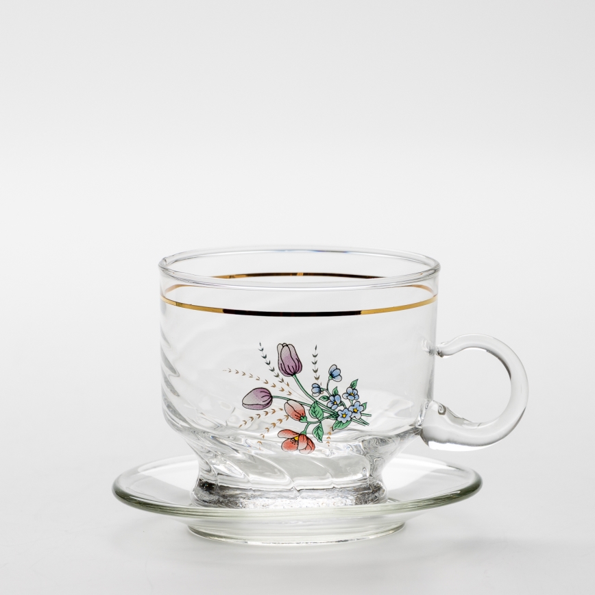 Set 6x Glastasse mit Untertasse klar Blumenstrauß Nr. 5