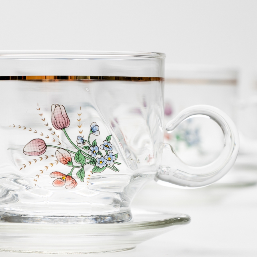 Set 6x Glastasse mit Untertasse klar Blumenstrauß Nr. 5