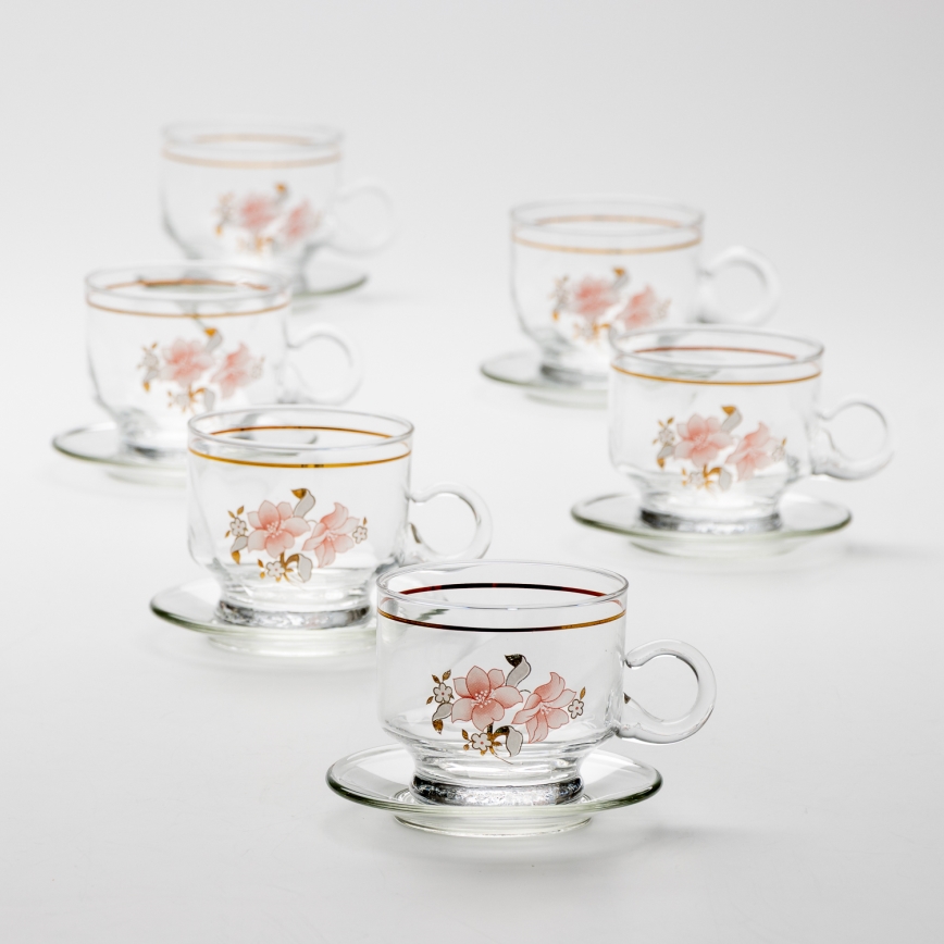 Set 6x Glastasse mit Untertasse klar Blumenstrauß Nr. 6