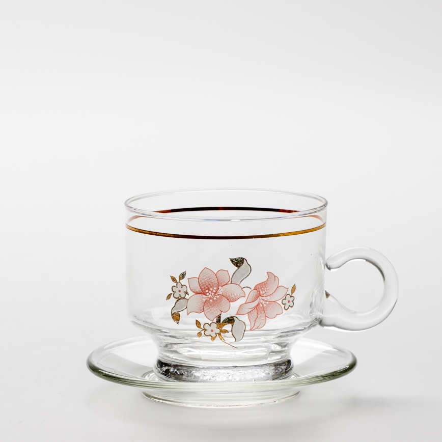 Set 6x Glastasse mit Untertasse klar Blumenstrauß Nr. 6