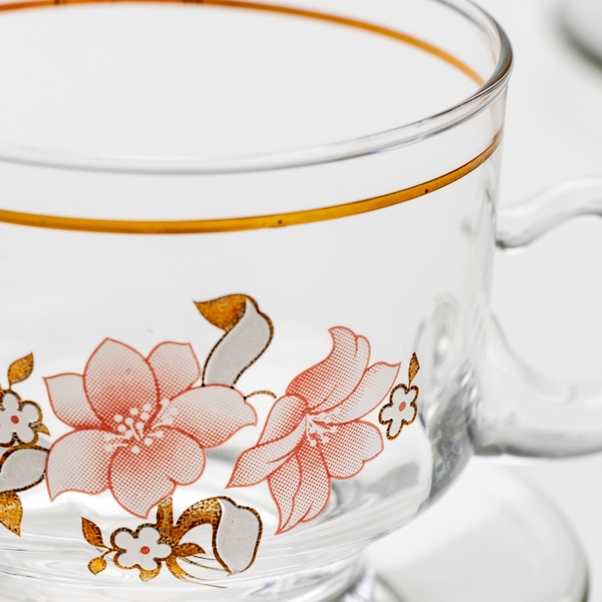Set 6x Glastasse mit Untertasse klar Blumenstrauß Nr. 6
