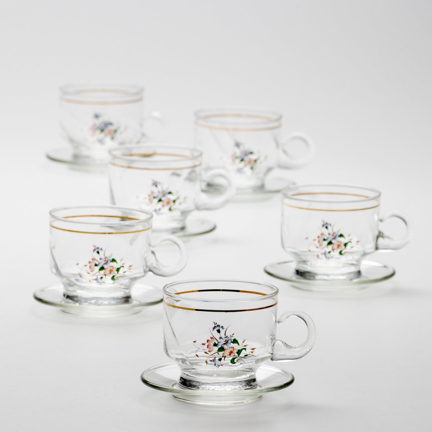 Set 6x Glastasse mit Untertasse klar Blumenstrauß Nr. 8